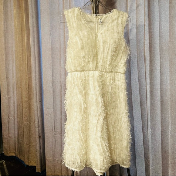 Lapis Dresses & Skirts - Lapis‎ Cream soft Sheath Dress Sleeveless Crew Neck with fringe/ tulle de…